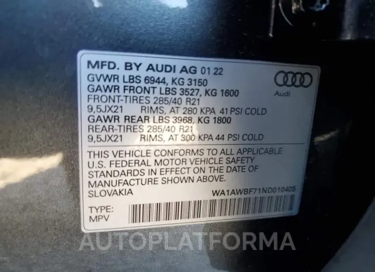 AUDI SQ7 PREMIU 2022 vin WA1AWBF71ND010405 from auto auction Copart