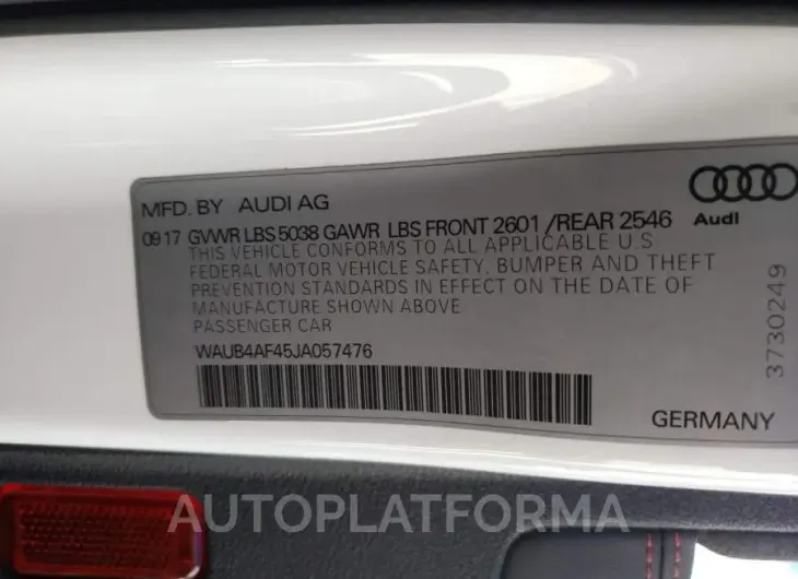 AUDI S4 PREMIUM 2018 vin WAUB4AF45JA057476 from auto auction Copart