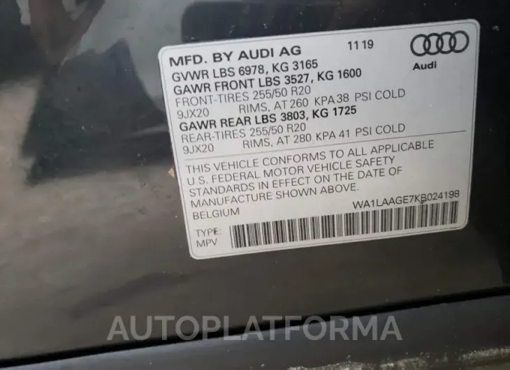 AUDI E-TRON PRE 2019 vin WA1LAAGE7KB024198 from auto auction Copart