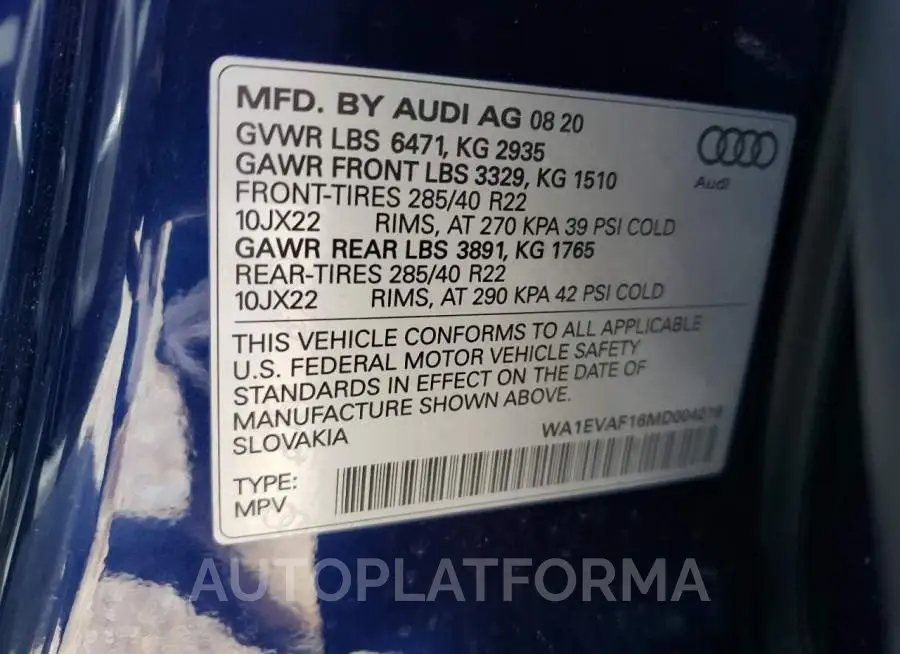 AUDI Q8 PREMIUM 2021 vin WA1EVAF16MD004219 from auto auction Copart