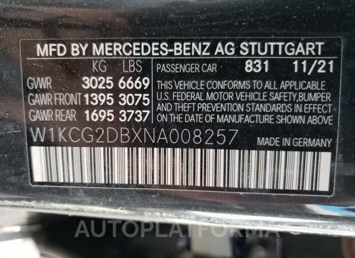 MERCEDES-BENZ EQS 450+ 2022 vin W1KCG2DBXNA008257 from auto auction Copart