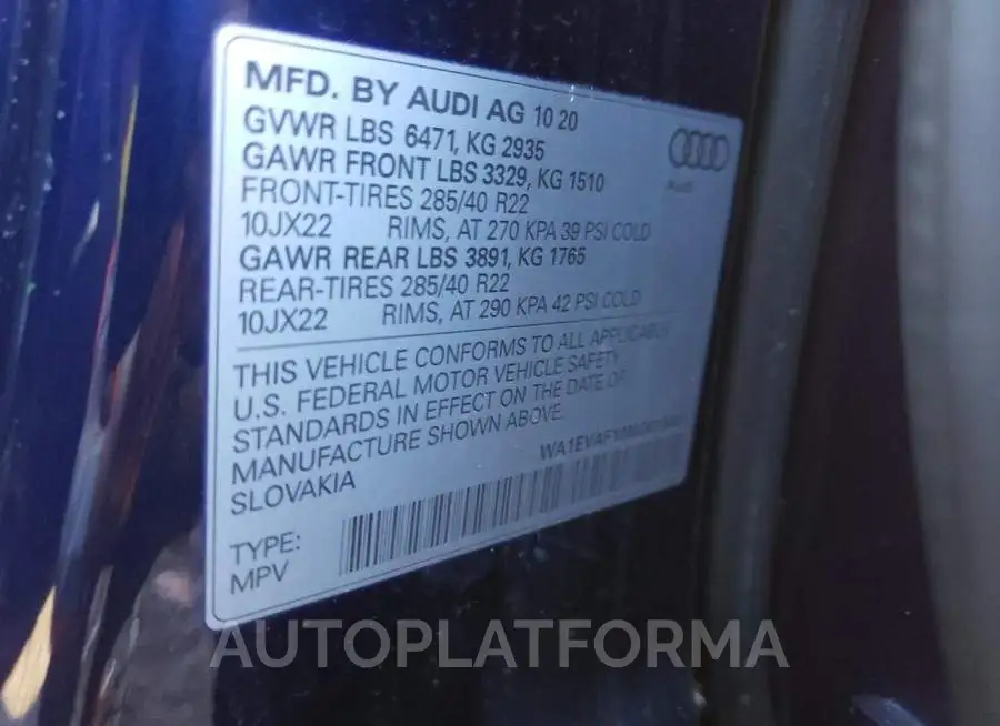 AUDI Q8 PREMIUM 2021 vin WA1EVAF10MD015491 from auto auction Copart