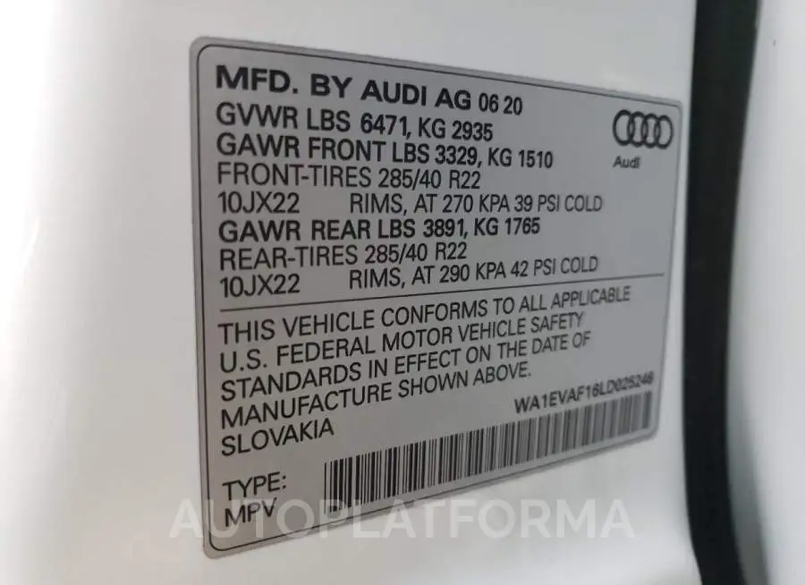 AUDI Q8 PREMIUM 2020 vin WA1EVAF16LD025246 from auto auction Copart