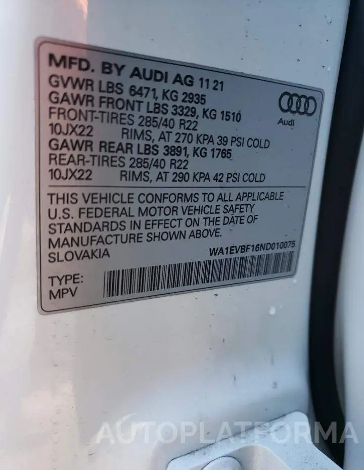 AUDI Q8 PREMIUM 2022 vin WA1EVBF16ND010075 from auto auction Copart