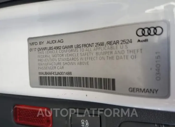 AUDI S4 PREMIUM 2018 vin WAUB4AF43JA001486 from auto auction Copart