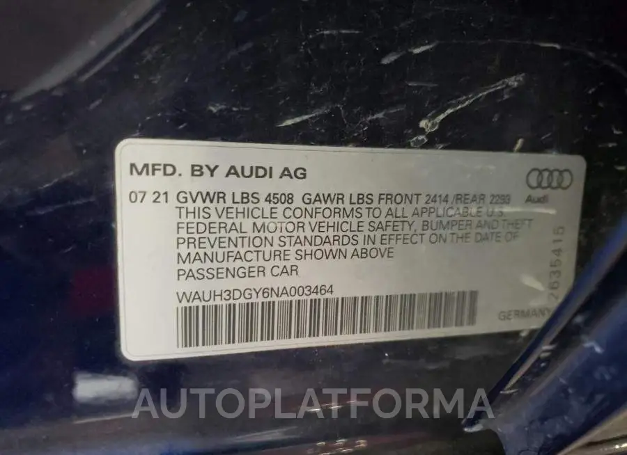 AUDI S3 PREMIUM 2022 vin WAUH3DGY6NA003464 from auto auction Copart