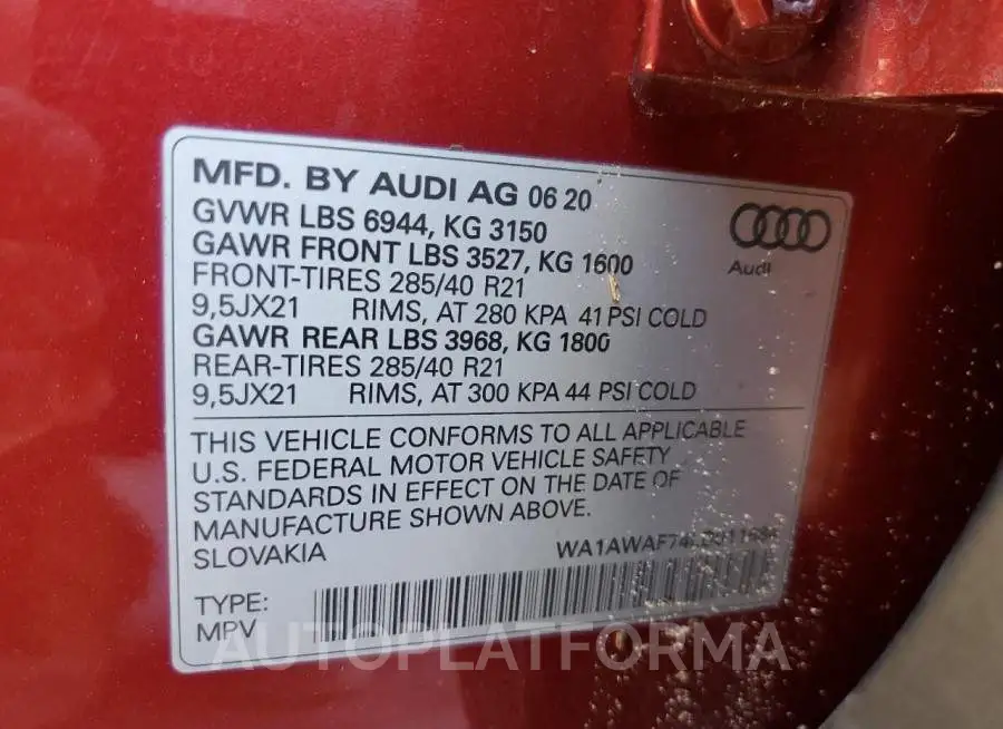 AUDI SQ7 PREMIU 2020 vin WA1AWAF74LD011684 from auto auction Copart