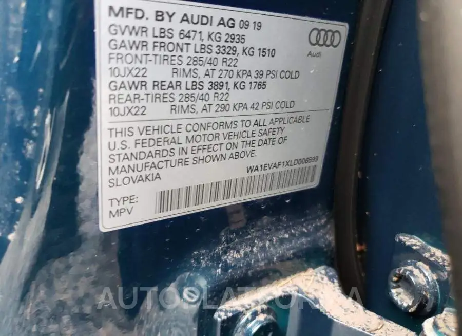 AUDI Q8 PREMIUM 2020 vin WA1EVAF1XLD006599 from auto auction Copart