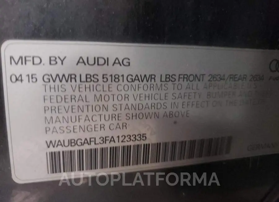 AUDI S4 PREMIUM 2015 vin WAUBGAFL3FA123335 from auto auction Copart