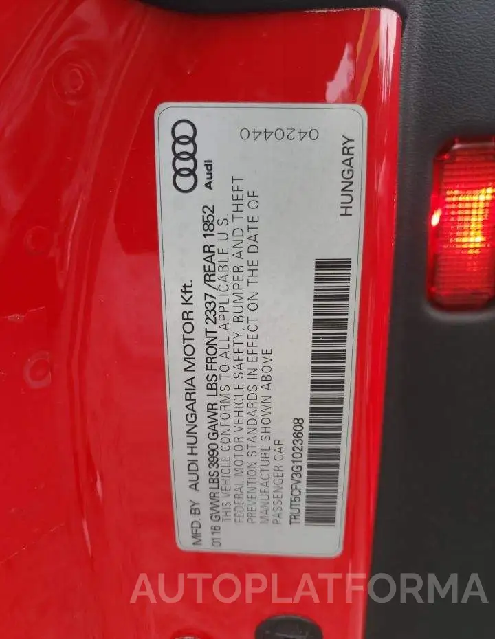 AUDI TT 2016 vin TRUT5CFV3G1023608 from auto auction Copart