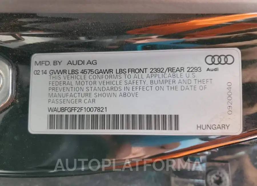 AUDI S3 PREMIUM 2015 vin WAUBFGFF2F1007821 from auto auction Copart