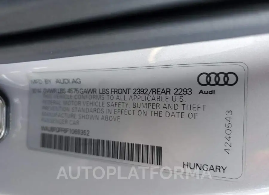 AUDI S3 PREMIUM 2015 vin WAUBFGFF6F1069352 from auto auction Copart