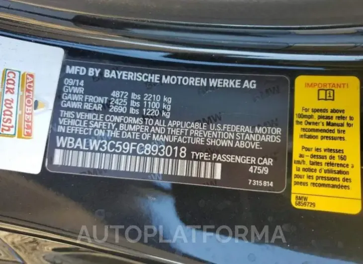 BMW 640 I 2015 vin WBALW3C59FC893018 from auto auction Copart