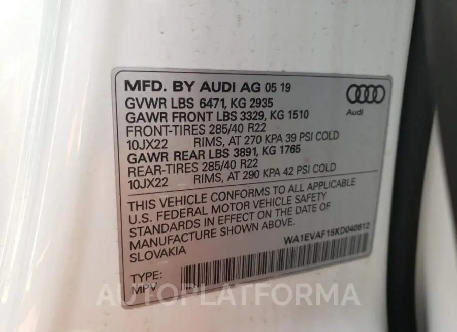 AUDI Q8 PREMIUM 2019 vin WA1EVAF15KD040612 from auto auction Copart