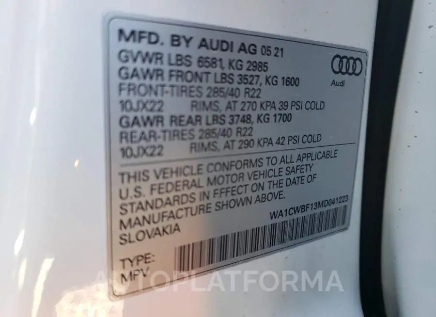 AUDI SQ8 PRESTI 2021 vin WA1CWBF13MD041223 from auto auction Copart