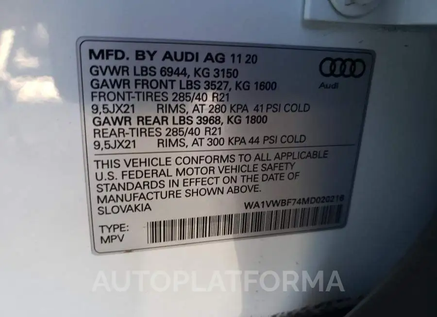 AUDI SQ7 PRESTI 2021 vin WA1VWBF74MD020216 from auto auction Copart