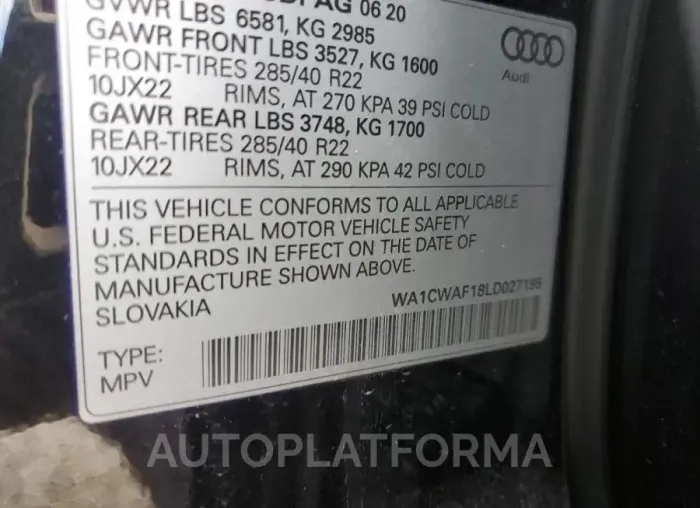 AUDI SQ8 PRESTI 2020 vin WA1CWAF18LD027195 from auto auction Copart