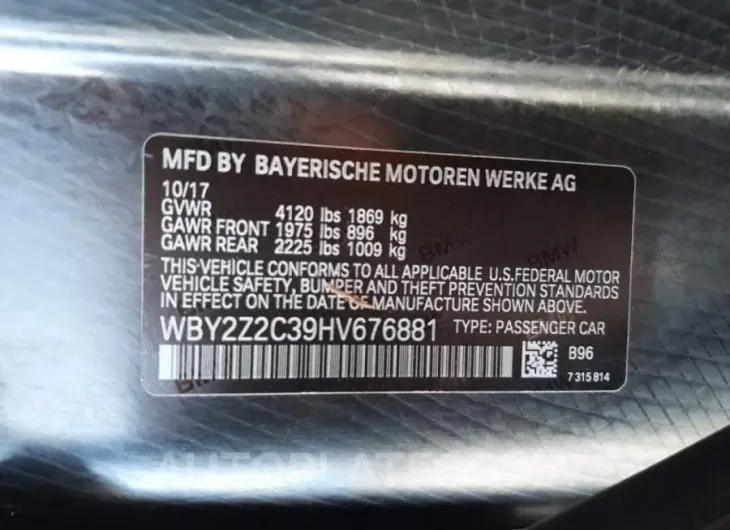 BMW I8 2017 vin WBY2Z2C39HV676881 from auto auction Copart