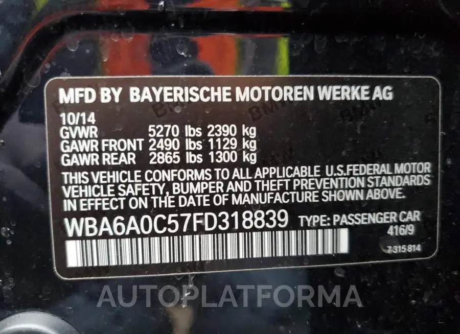 BMW 640 I GRAN 2015 vin WBA6A0C57FD318839 from auto auction Copart