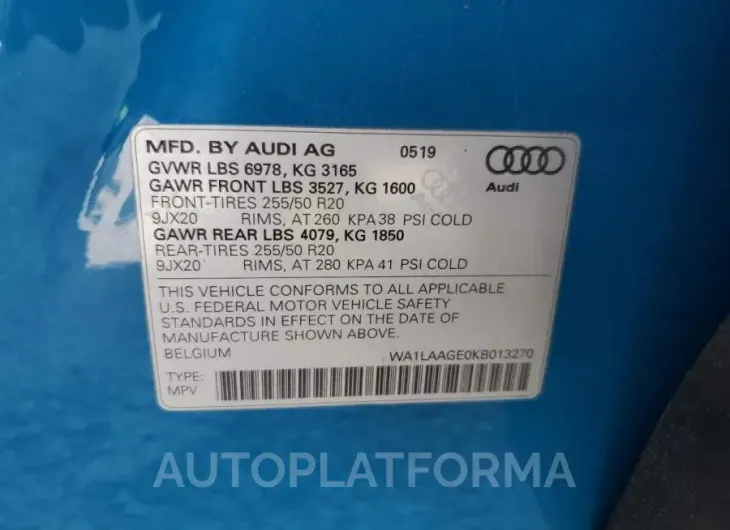 AUDI E-TRON PRE 2019 vin WA1LAAGE0KB013270 from auto auction Copart