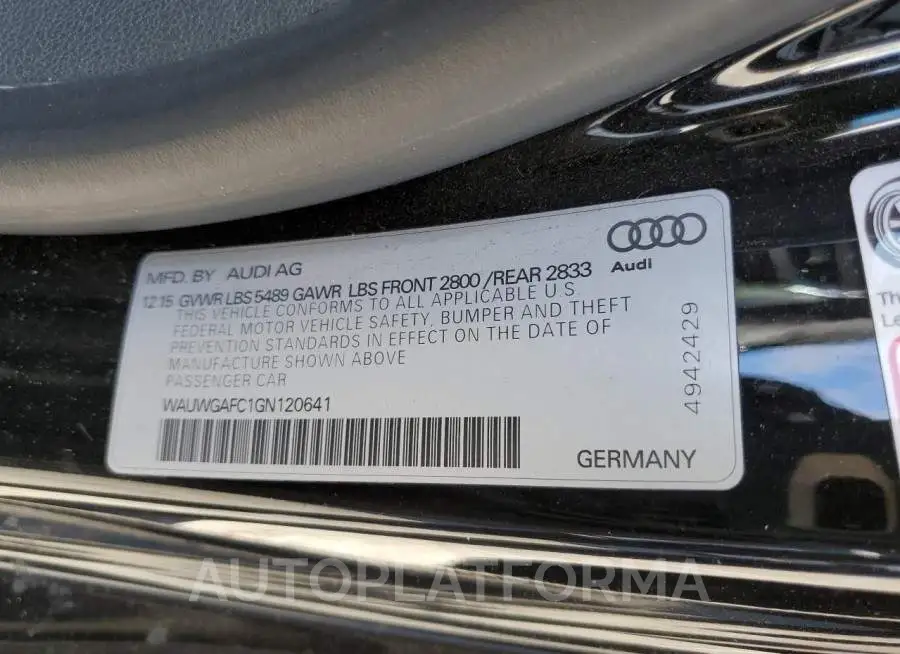 AUDI A7 PREMIUM 2016 vin WAUWGAFC1GN120641 from auto auction Copart