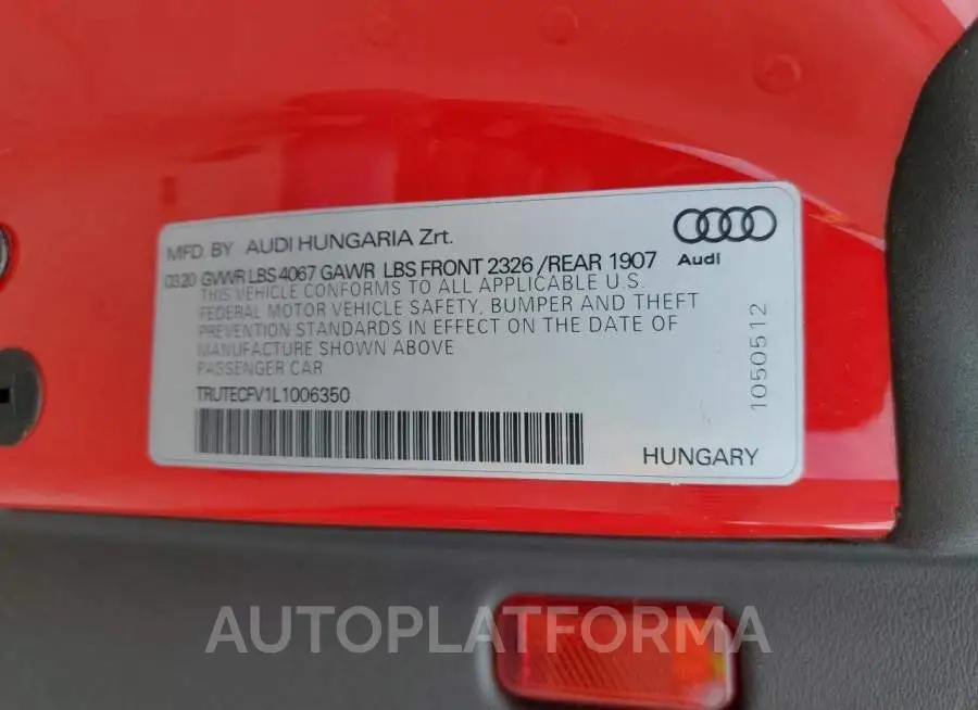 AUDI TT 2020 vin TRUTECFV1L1006350 from auto auction Copart