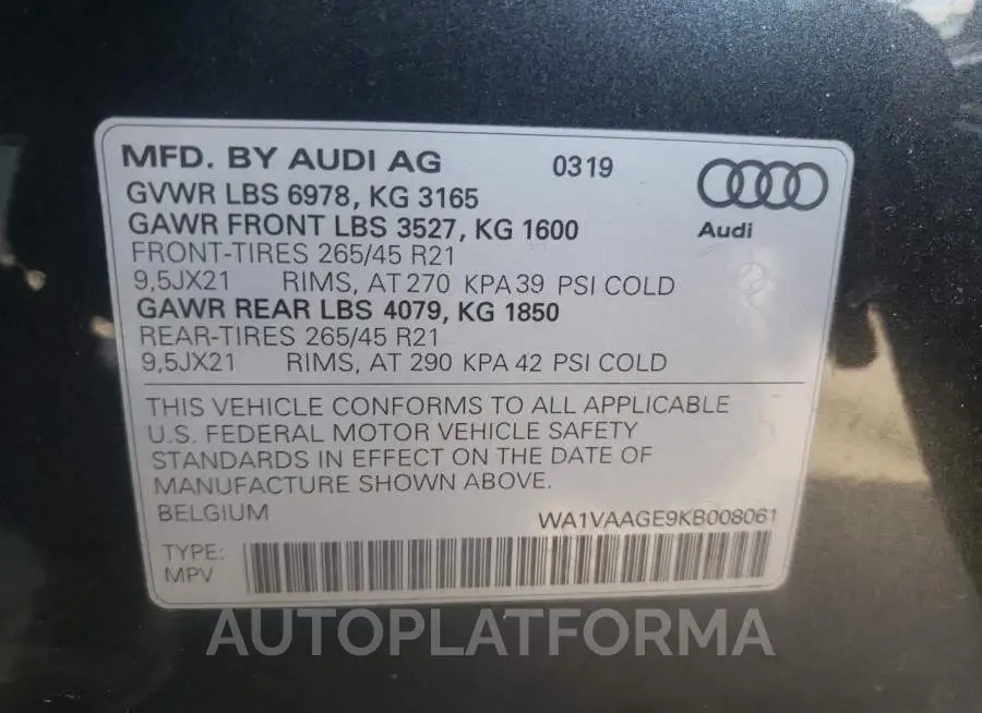 AUDI E-TRON PRE 2019 vin WA1VAAGE9KB008061 from auto auction Copart