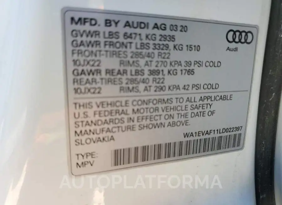 AUDI Q8 PREMIUM 2020 vin WA1EVAF11LD022397 from auto auction Copart