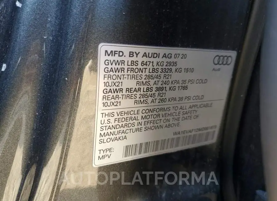 AUDI Q8 PREMIUM 2021 vin WA1EVAF12MD001673 from auto auction Copart