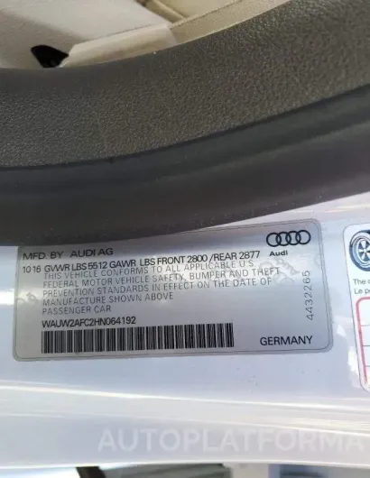 AUDI A7 QUATTRO 2017 vin WAUW2AFC2HN064192 from auto auction Copart