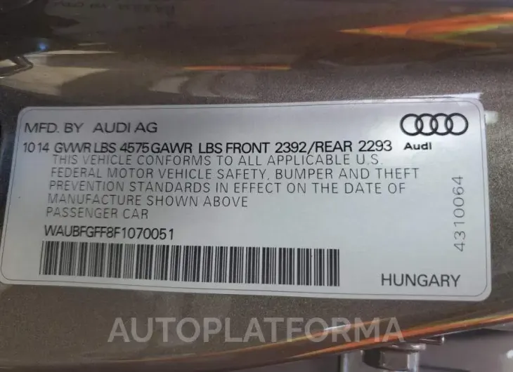 AUDI S3 PREMIUM 2015 vin WAUBFGFF8F1070051 from auto auction Copart