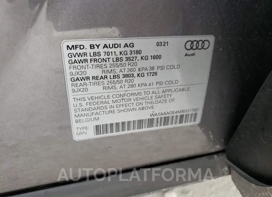 AUDI E-TRON PRE 2021 vin WA1AAAGE4MB031782 from auto auction Copart