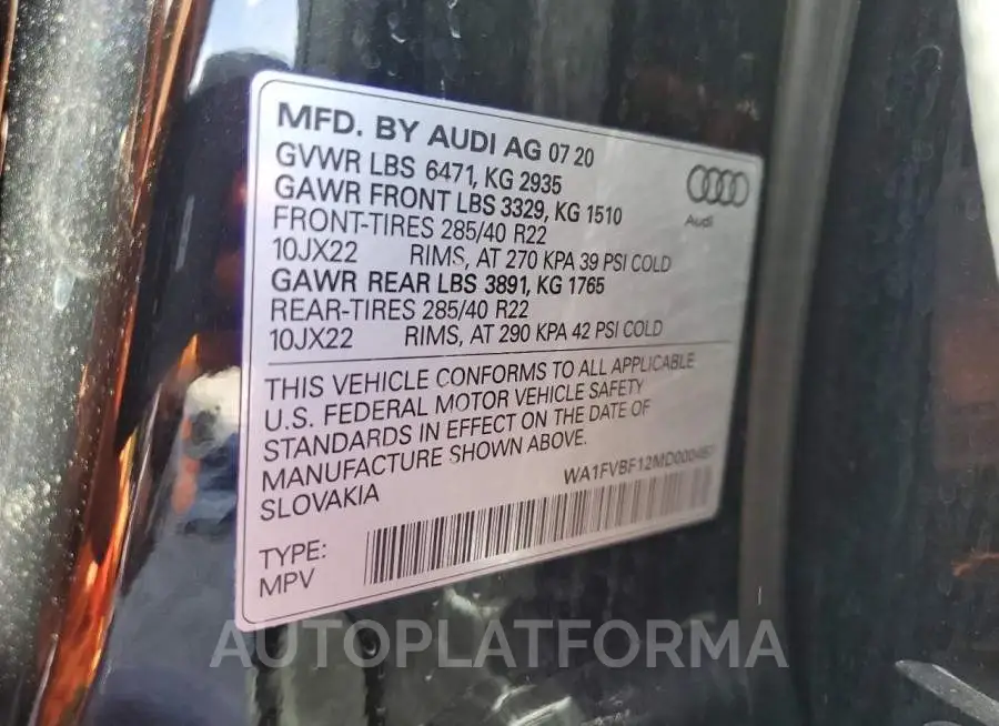 AUDI Q8 PRESTIG 2021 vin WA1FVBF12MD000467 from auto auction Copart