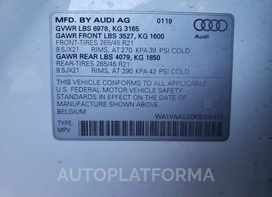 AUDI E-TRON PRE 2019 vin WA1VAAGE0KB005419 from auto auction Copart