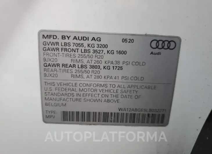 AUDI E-TRON SPO 2020 vin WA12ABGE5LB032271 from auto auction Copart