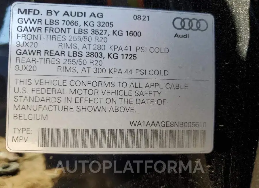 AUDI E-TRON PRE 2022 vin WA1AAAGE8NB005610 from auto auction Copart