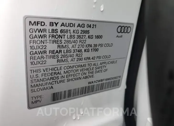 AUDI SQ8 PRESTI 2021 vin WA1CWBF19MD038276 from auto auction Copart