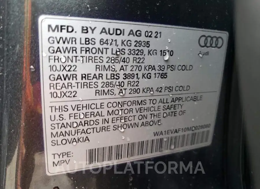 AUDI Q8 PREMIUM 2021 vin WA1EVAF10MD028080 from auto auction Copart