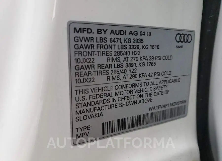 AUDI Q8 PRESTIG 2019 vin WA1FVAF11KD037906 from auto auction Copart