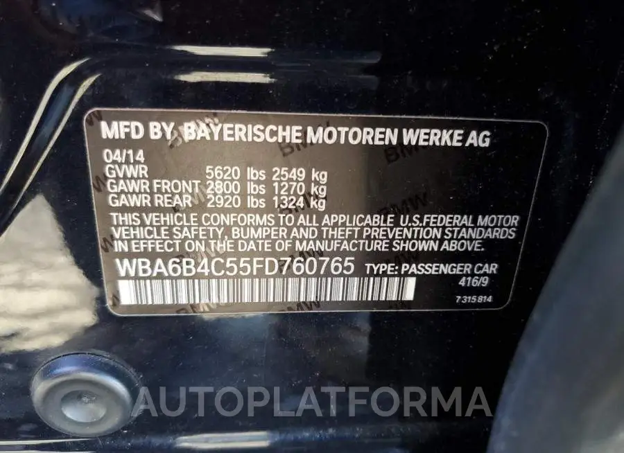 BMW 650 2015 vin WBA6B4C55FD760765 from auto auction Copart