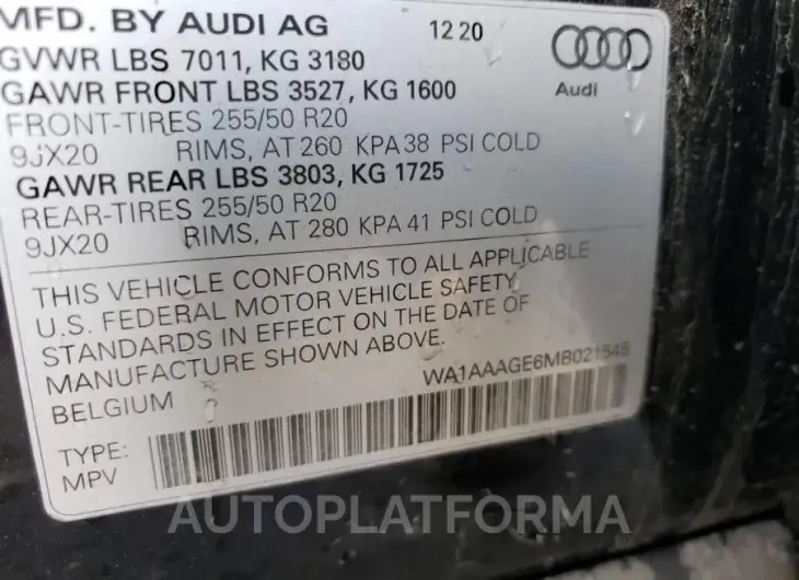 AUDI E-TRON PRE 2021 vin WA1AAAGE6MB021545 from auto auction Copart