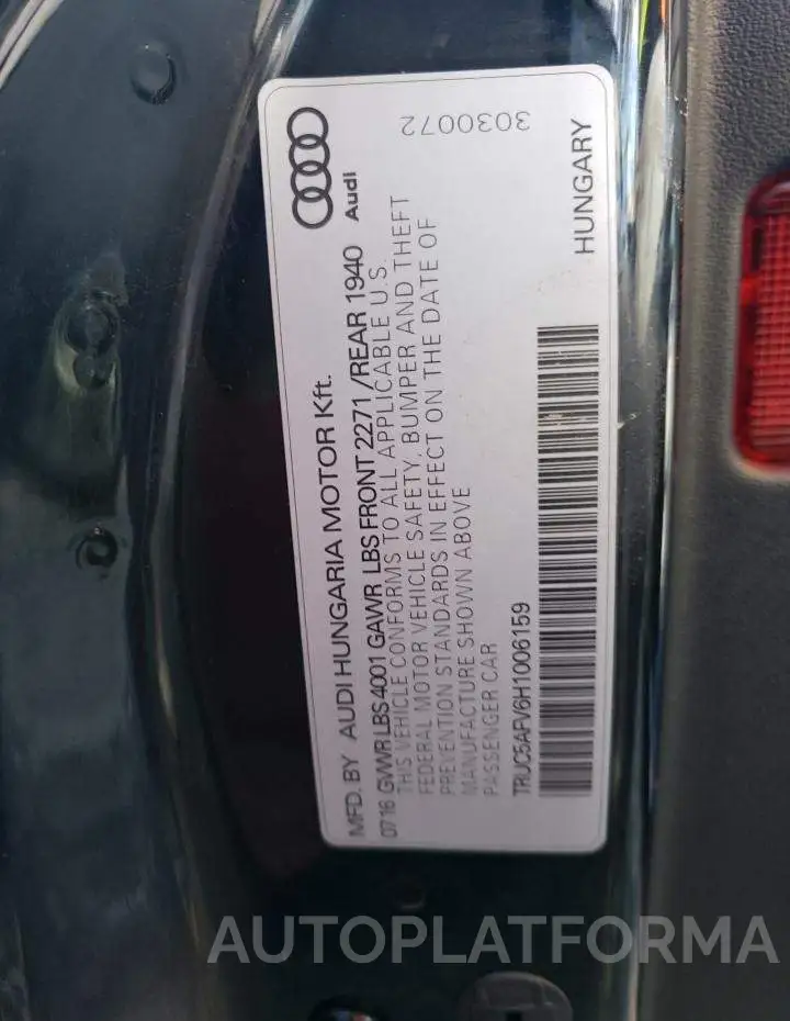 AUDI TT 2017 vin TRUC5AFV6H1006159 from auto auction Copart