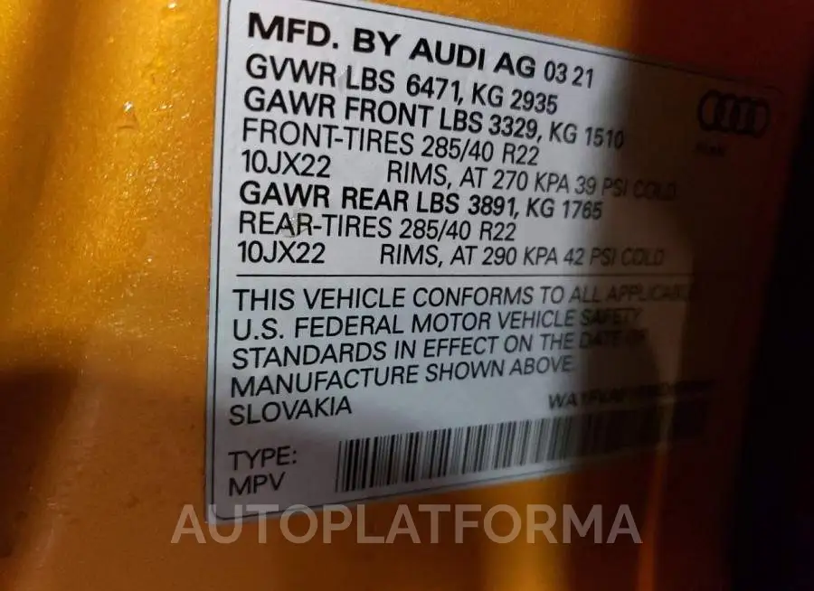 AUDI Q8 PRESTIG 2021 vin WA1FVAF10MD034949 from auto auction Copart