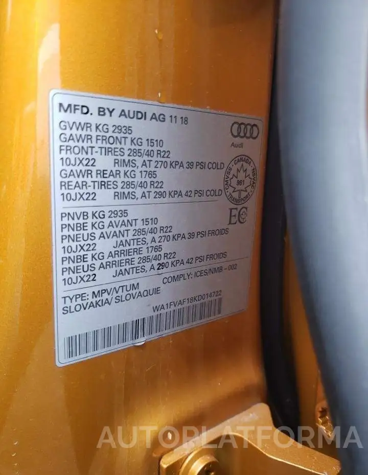 AUDI Q8 PRESTIG 2019 vin WA1FVAF18KD014722 from auto auction Copart