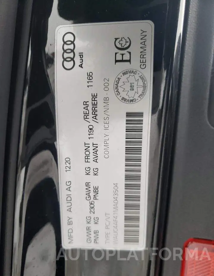 AUDI S4 PRESTIG 2021 vin WAUC4AF41MA043504 from auto auction Copart