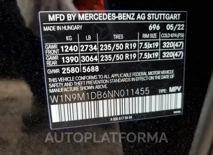 MERCEDES-BENZ EQB 350 4M 2022 vin W1N9M1DB6NN011455 from auto auction Copart