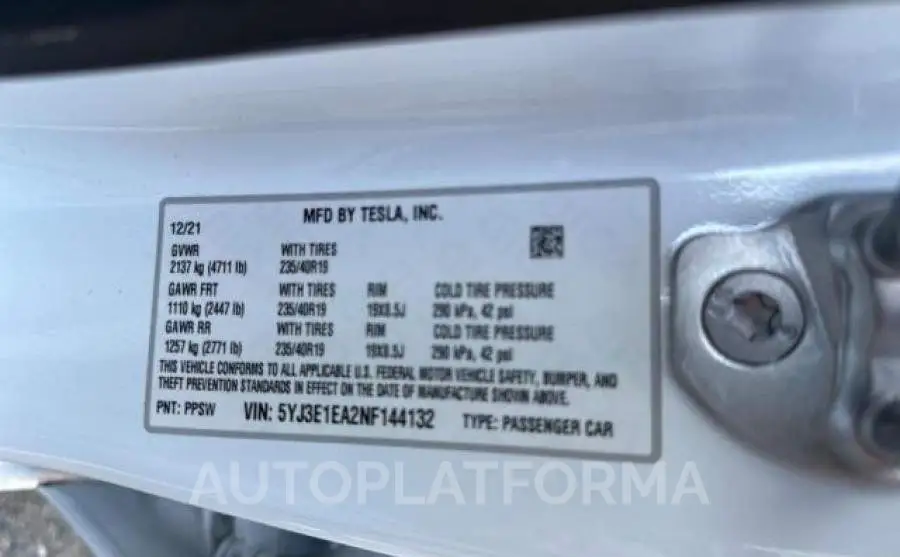 TESLA MODEL 3 2022 vin 5YJ3E1EA2NF144132 from auto auction Copart