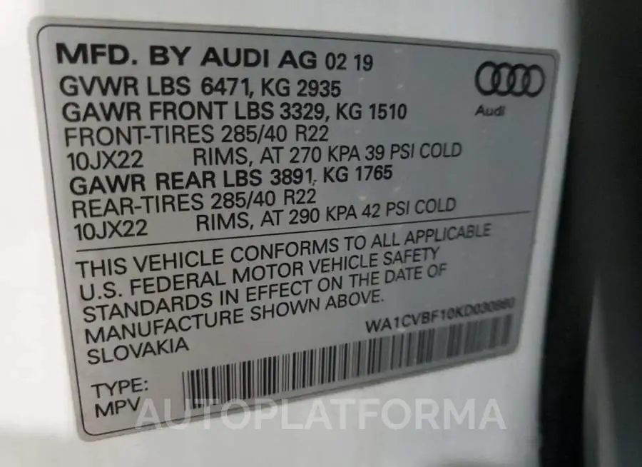 AUDI Q8 PRESTIG 2019 vin WA1CVBF10KD030860 from auto auction Copart