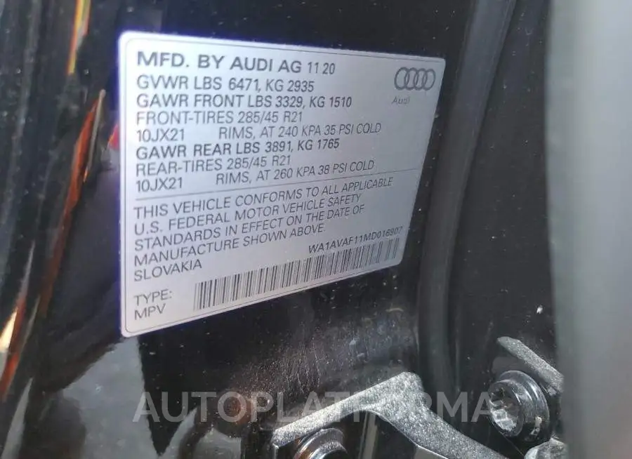 AUDI Q8 PREMIUM 2021 vin WA1AVAF11MD016907 from auto auction Copart