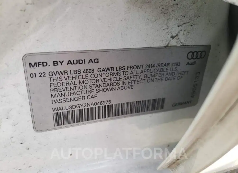 AUDI S3 PRESTIG 2022 vin WAUJ3DGY2NA046975 from auto auction Copart